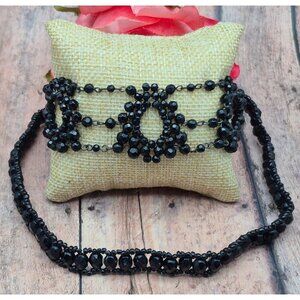 Black Glass Crystal Jewelry Set Choker Necklace Wide Bracelet Goth Witchy Formal